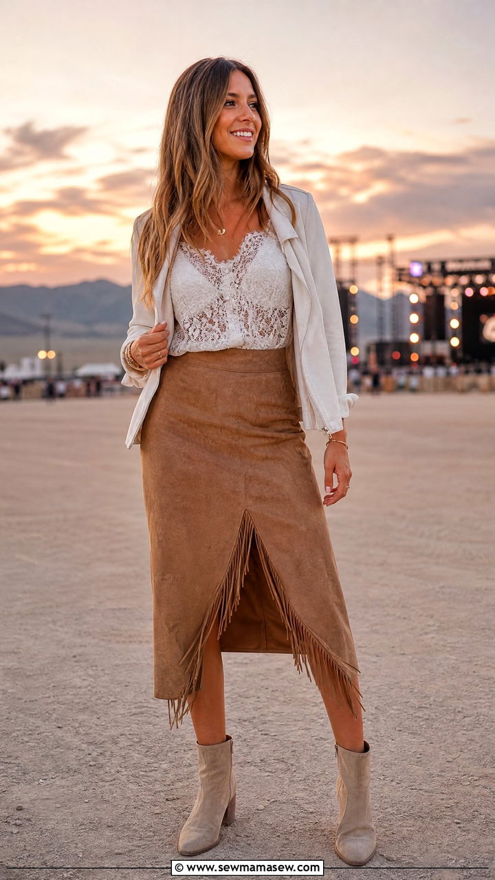 Lace Top with Suede Skirt Outfit - 30 Country concert outfit ideas spring