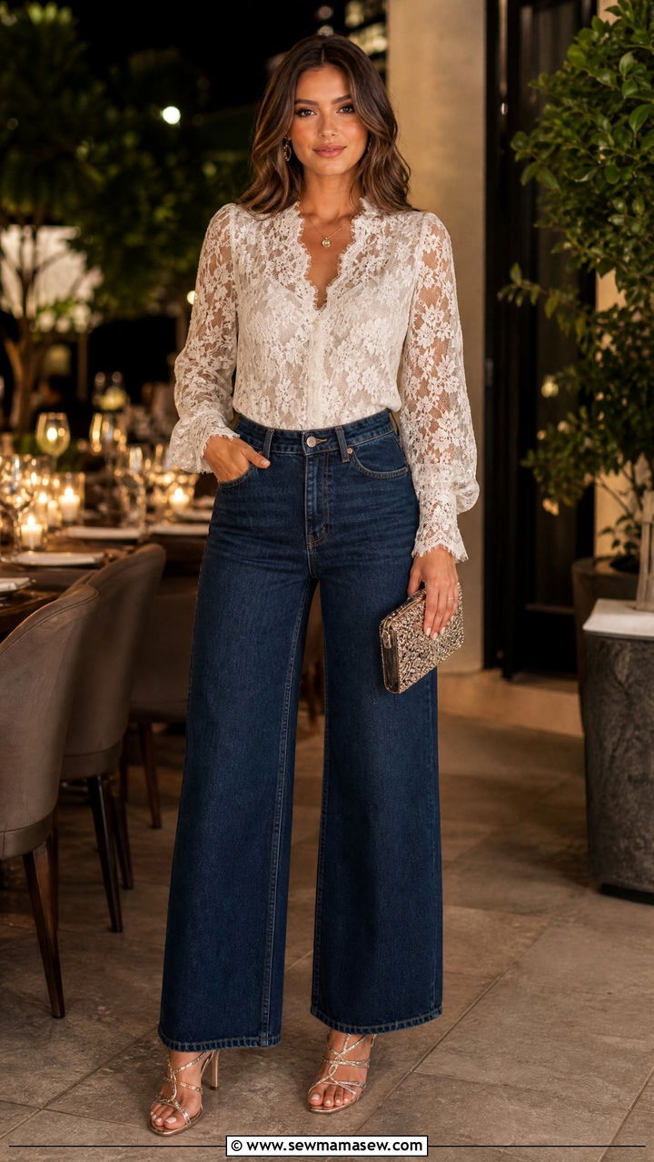 Lace Top with Wide Leg Jeans and Strappy Heels - 30 summer wide leg jeans outfit ideas