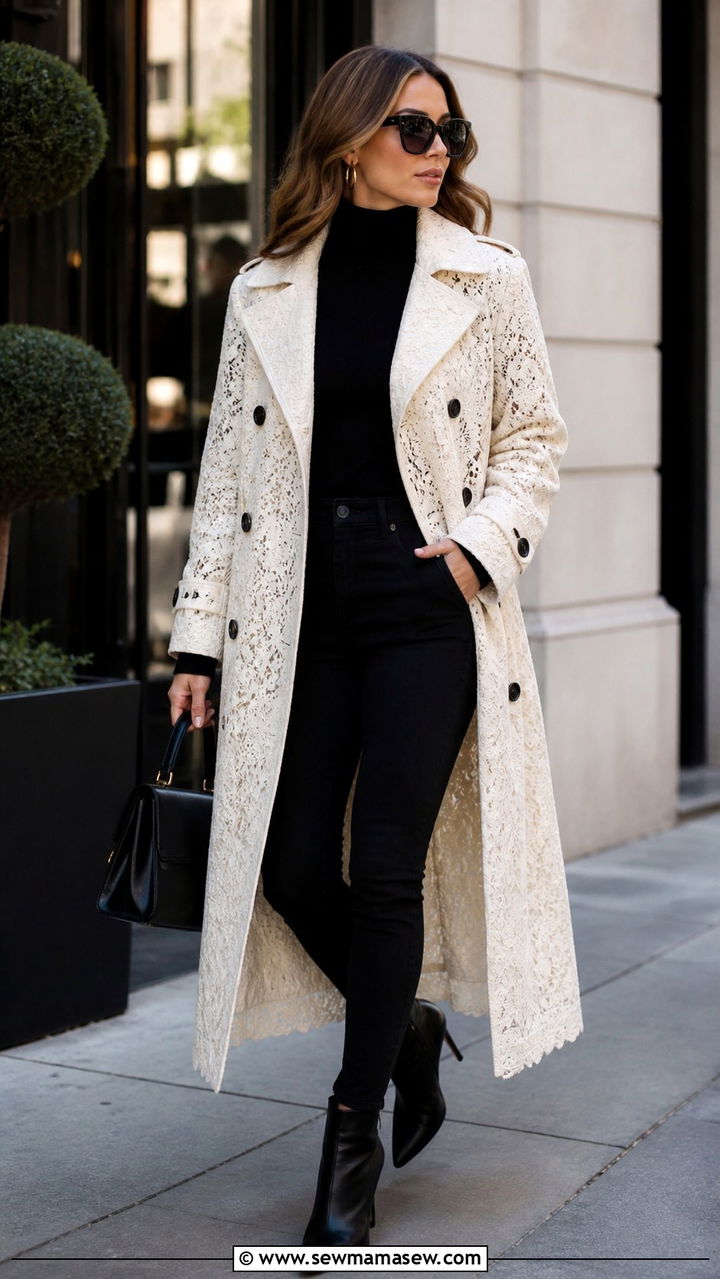 Lace Trench Coat Over All Black Layers - 40 lace outfits for women
