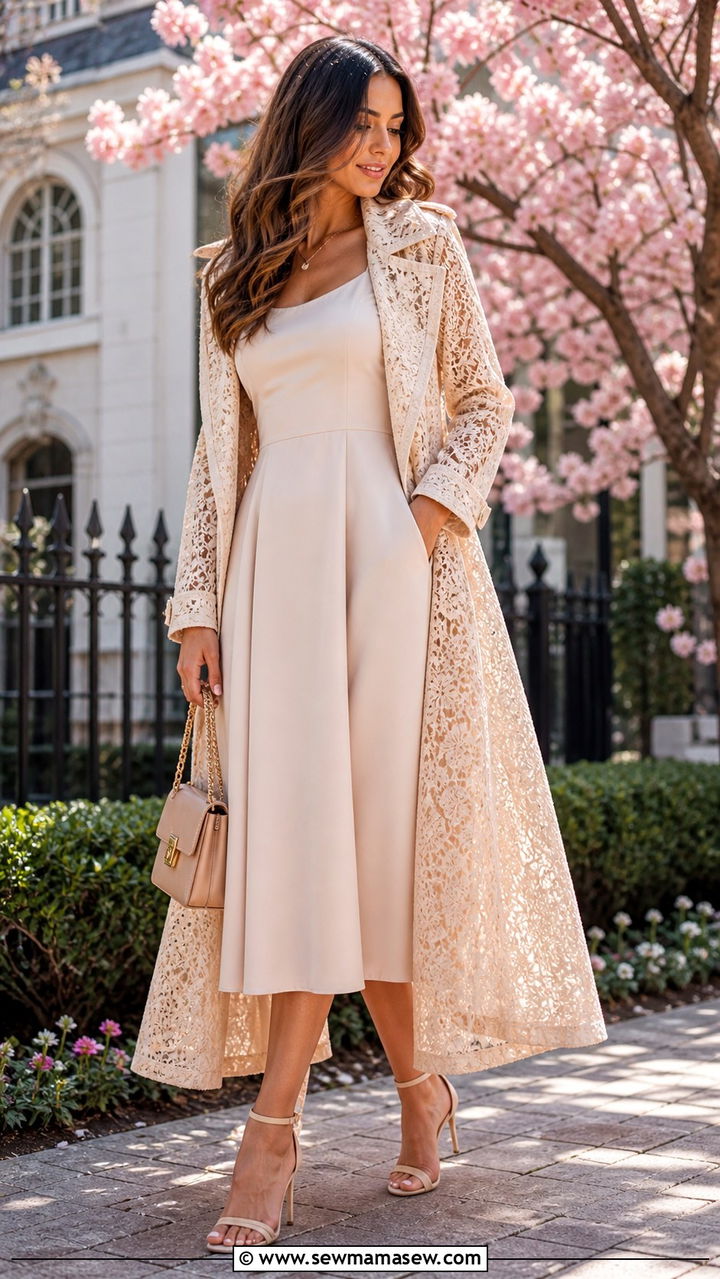 Lace Trench Coat Over Midi Dress Outfit - 40 cute lace outfits