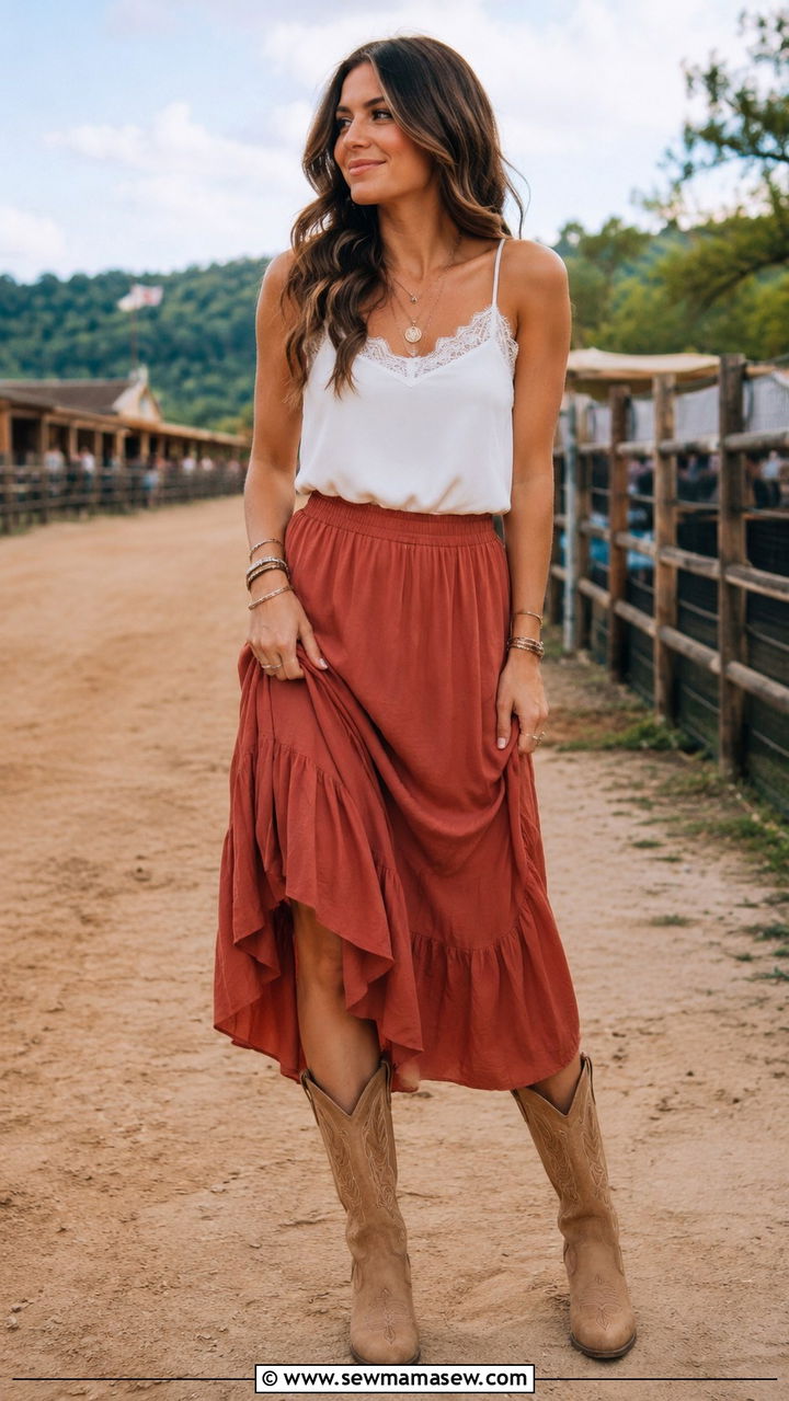 Lace Trim Cami Midi Skirt Cowboy Boots - 25 Zach Bryan concert outfit ideas