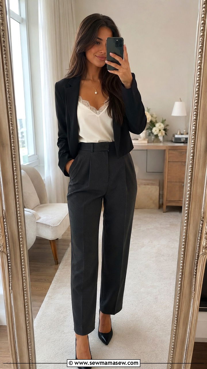 Lace Trim Camisole and Tailored Trousers Graduation Outfit - 30 MBA graduation outfit ideas