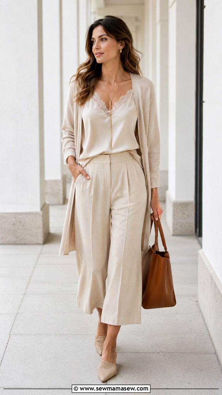 Lace Trim Camisole with Flowy Mid Rise Culottes - 25 work outfits for short torso women