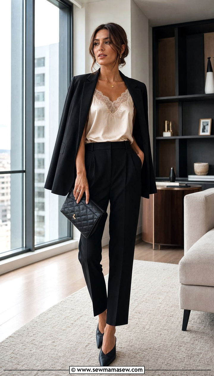 Lace Trim Camisole with Tailored Trousers Outfit - 25 elegant outfits 2026
