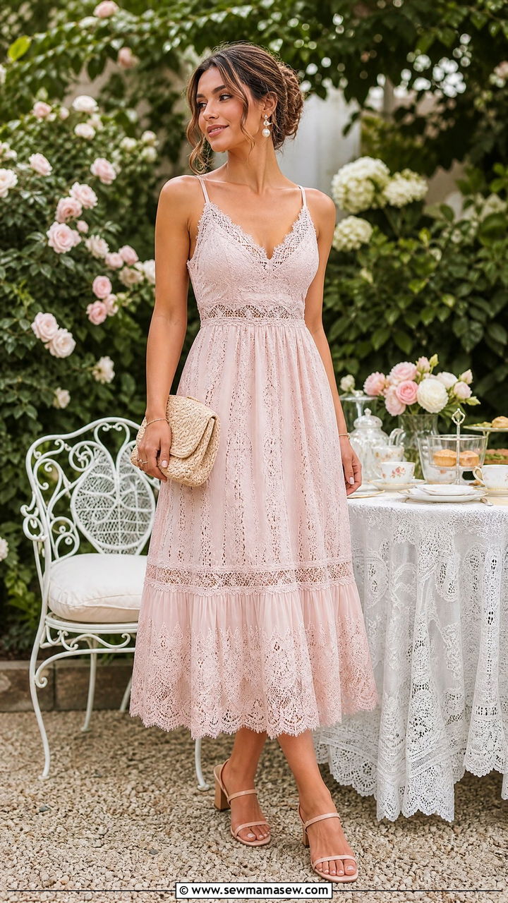 Lace Trim Midi Dress With Heeled Sandals - 30 Midi dress for brunch outfit ideas