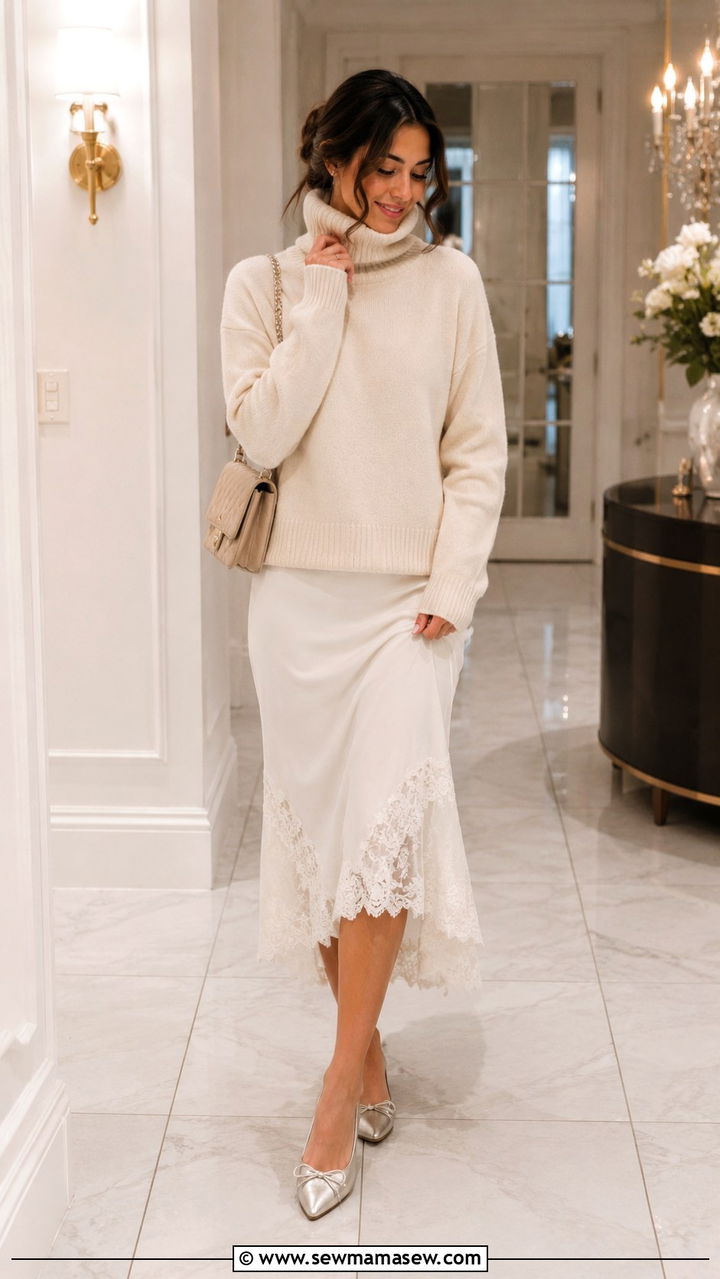 Lace Trim Skirt With Rollneck Knit And Pointed Toe Flats - 30 cute transitional outfits