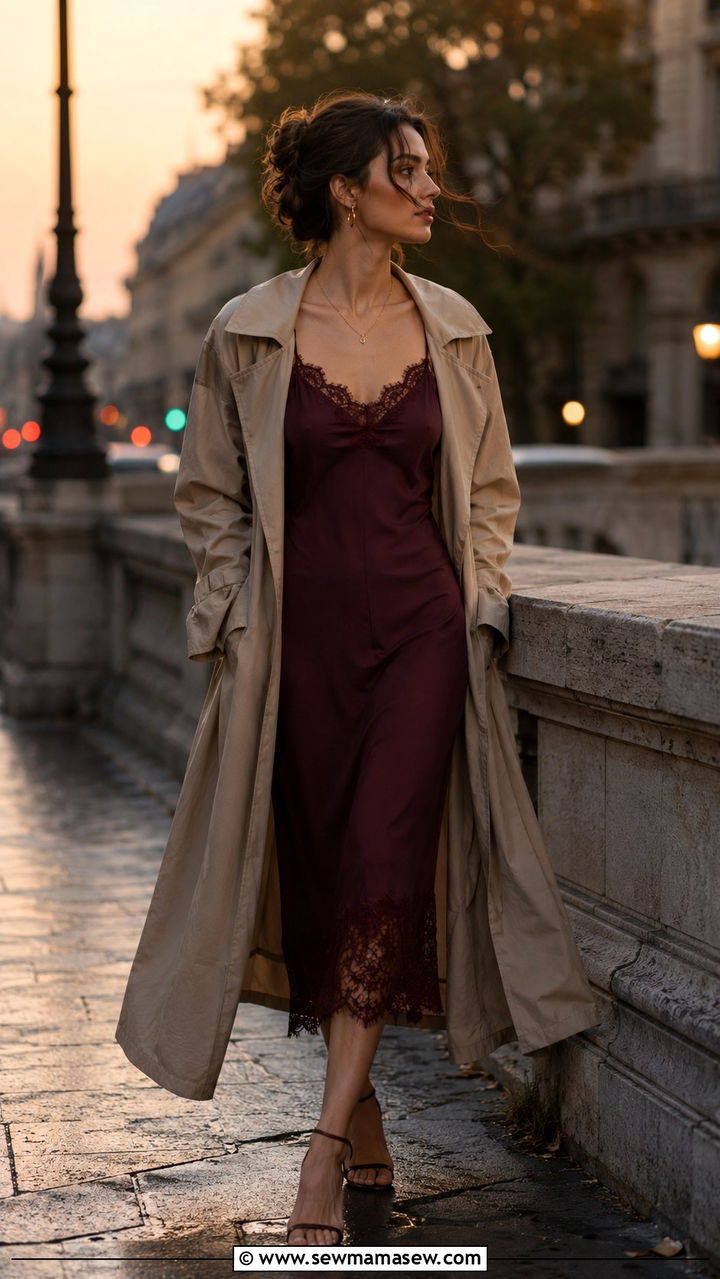 Lace Trim Slip Dress And Fluid Trench - 25 poetcore outfits to copy