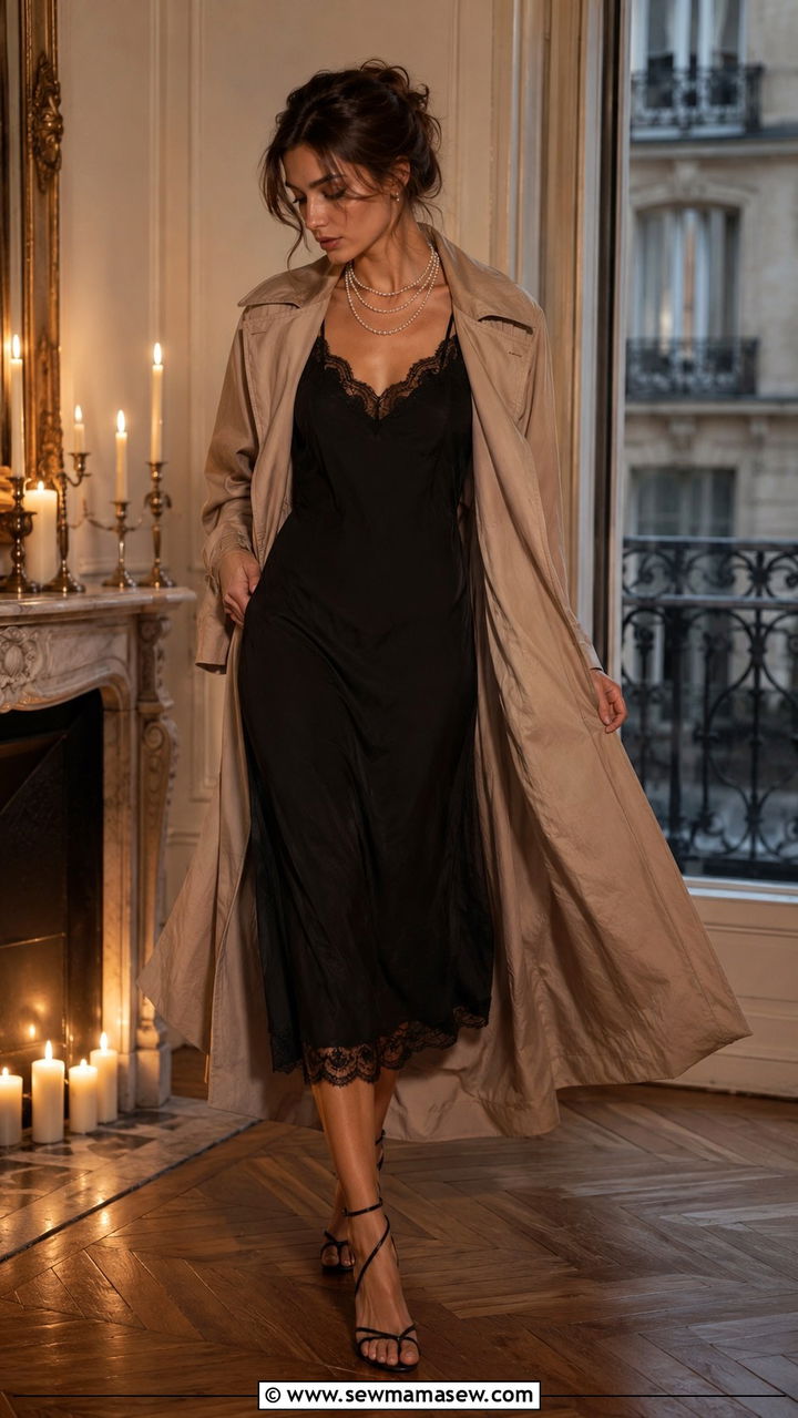 Lace Trim Slip Dress Trench Coat And Pearls - 25 poetcore outfits