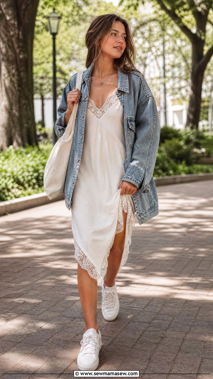 Lace Trim Slip Dress With Denim Jacket And Sneakers - 25 Free People boho outfit ideas