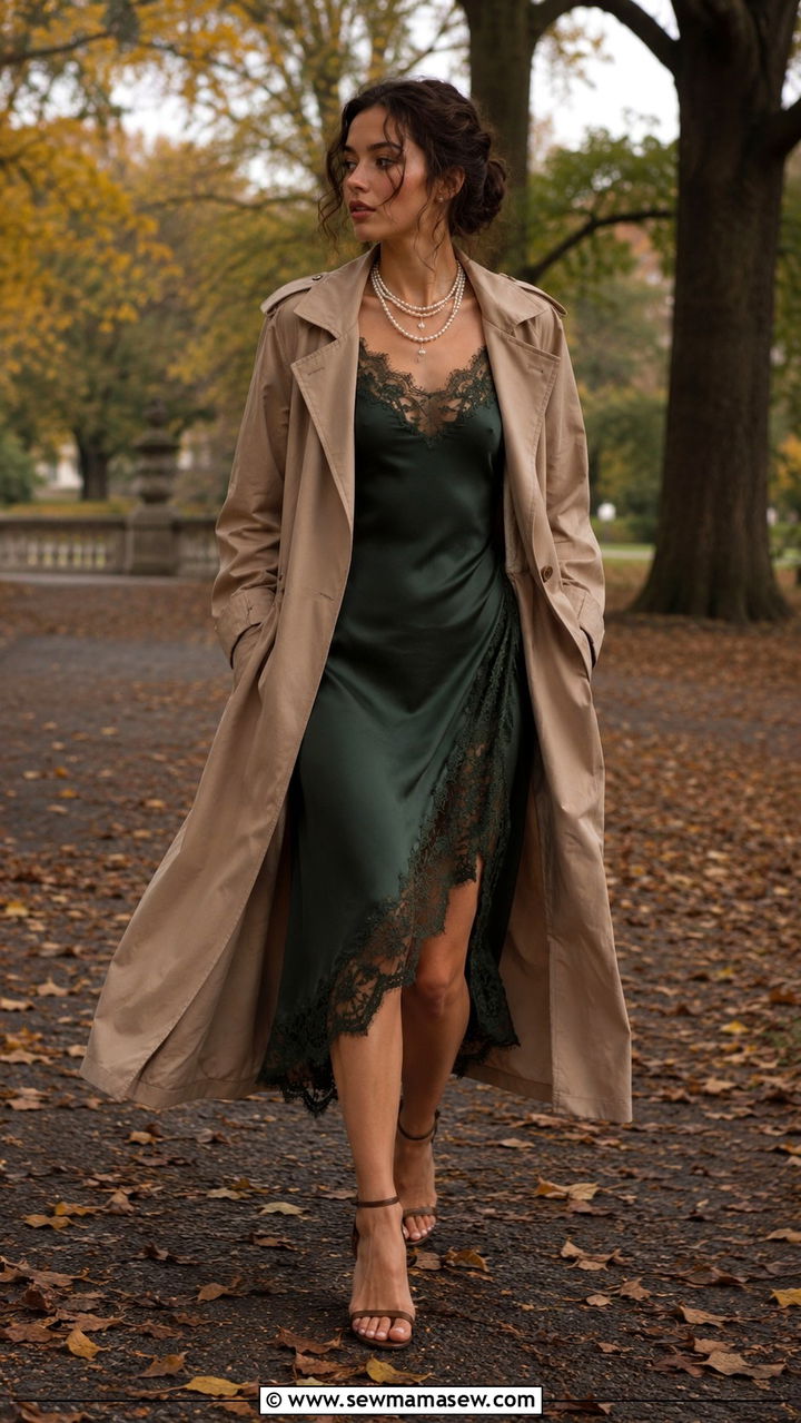 Lace Trim Slip Dress With Trench Coat - 25 Poetcore outfit ideas