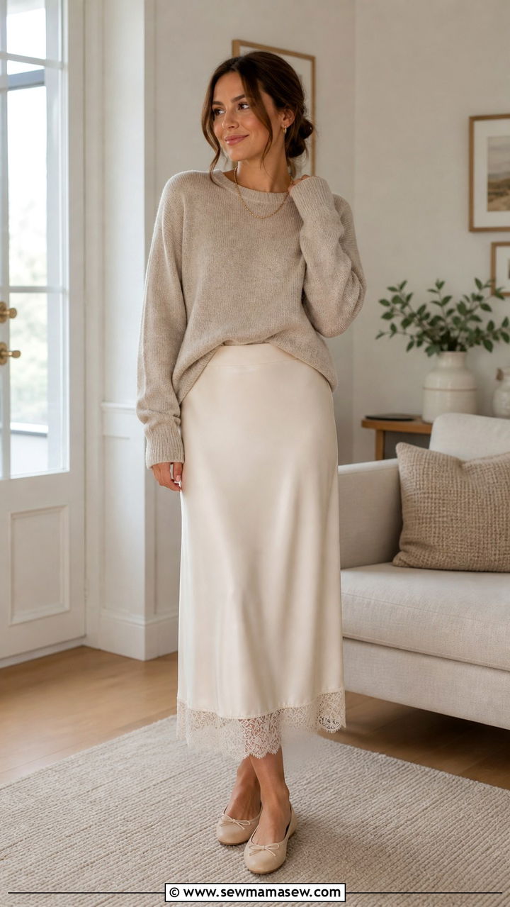 Lace Trim Slip Skirt With A Cashmere Sweater - 40 lace outfits for women