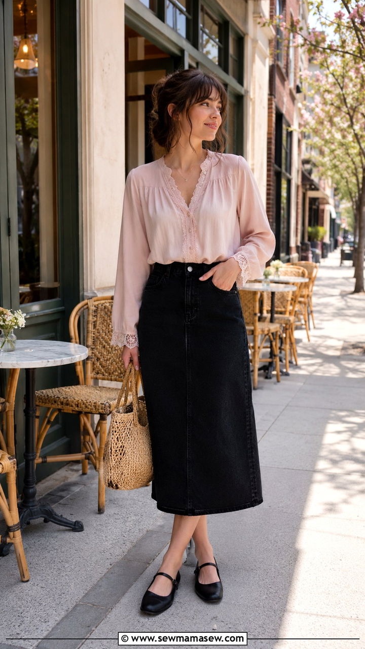 Lace Trimmed Blouse With Denim Midi Skirt and Mary Janes - 30 casual poetcore outfits