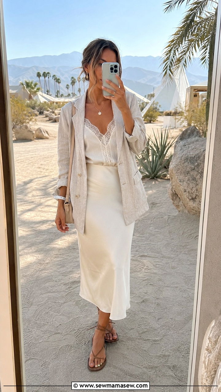 Lace Trimmed Cami With Satin Midi Skirt - 30 casual Coachella outfits