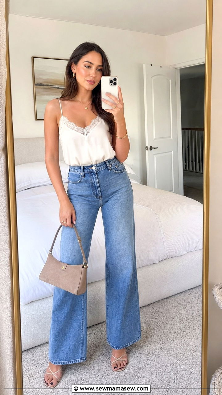 Lace Trimmed Cami and Wide Leg Jeans Outfit - 30 Outfit ideas for millennial women