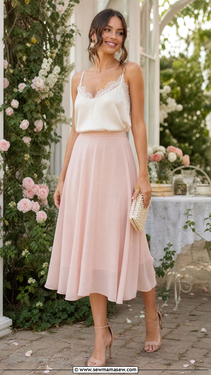 Lace Trimmed Camisole And Midi Skirt Brunch Look - 30 Bridal brunch outfit ideas