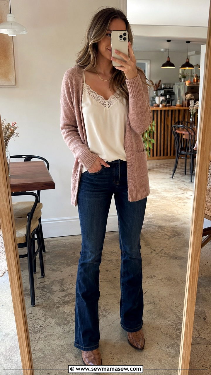 Lace Trimmed Camisole With Cardigan And Dark Wash Jeans - 25 Western outfit ideas Taylor Swift country era