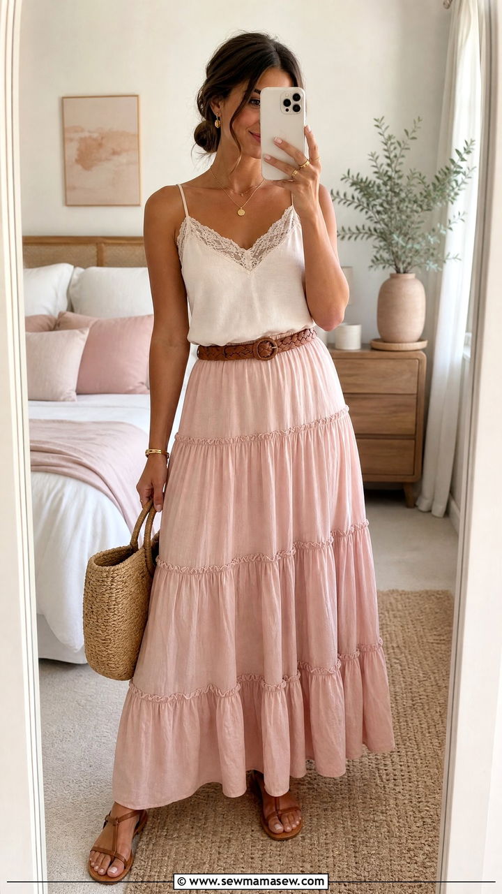 Lace Trimmed Camisole with Tiered Maxi Skirt - 35 Hippie outfit ideas