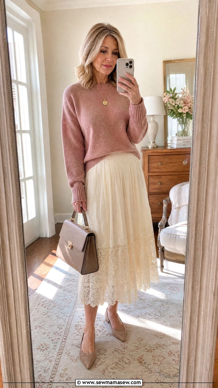 Lace Trimmed Skirt With Cashmere Sweater - 30 cottagecore outfit ideas for women over 40