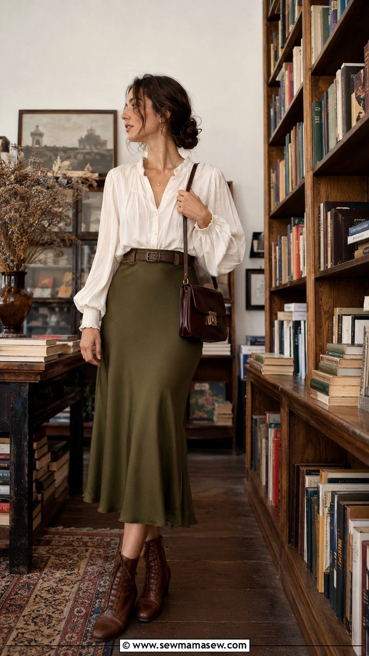 Lace Up Boots with Billowy Blouse and Skirt - 30 Romantic academia outfit ideas