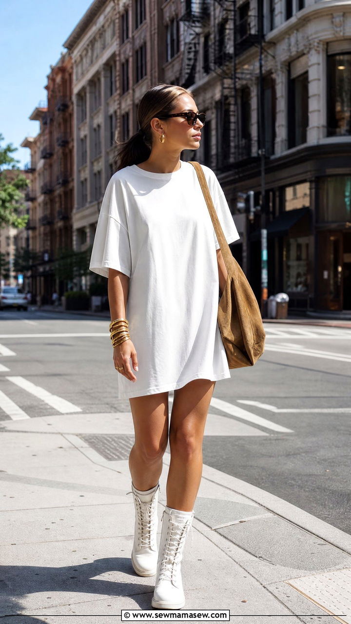 Lace Up Boxing Boots With T Shirt Dress Outfit - 30 Summer outfits with boots