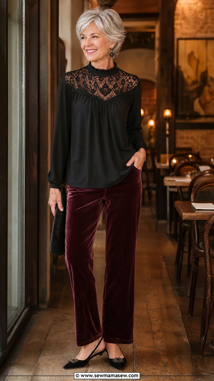 Lace Yoke Blouse and Velour Jeans with Slingback Flats - 30 Concert outfits for women over 60