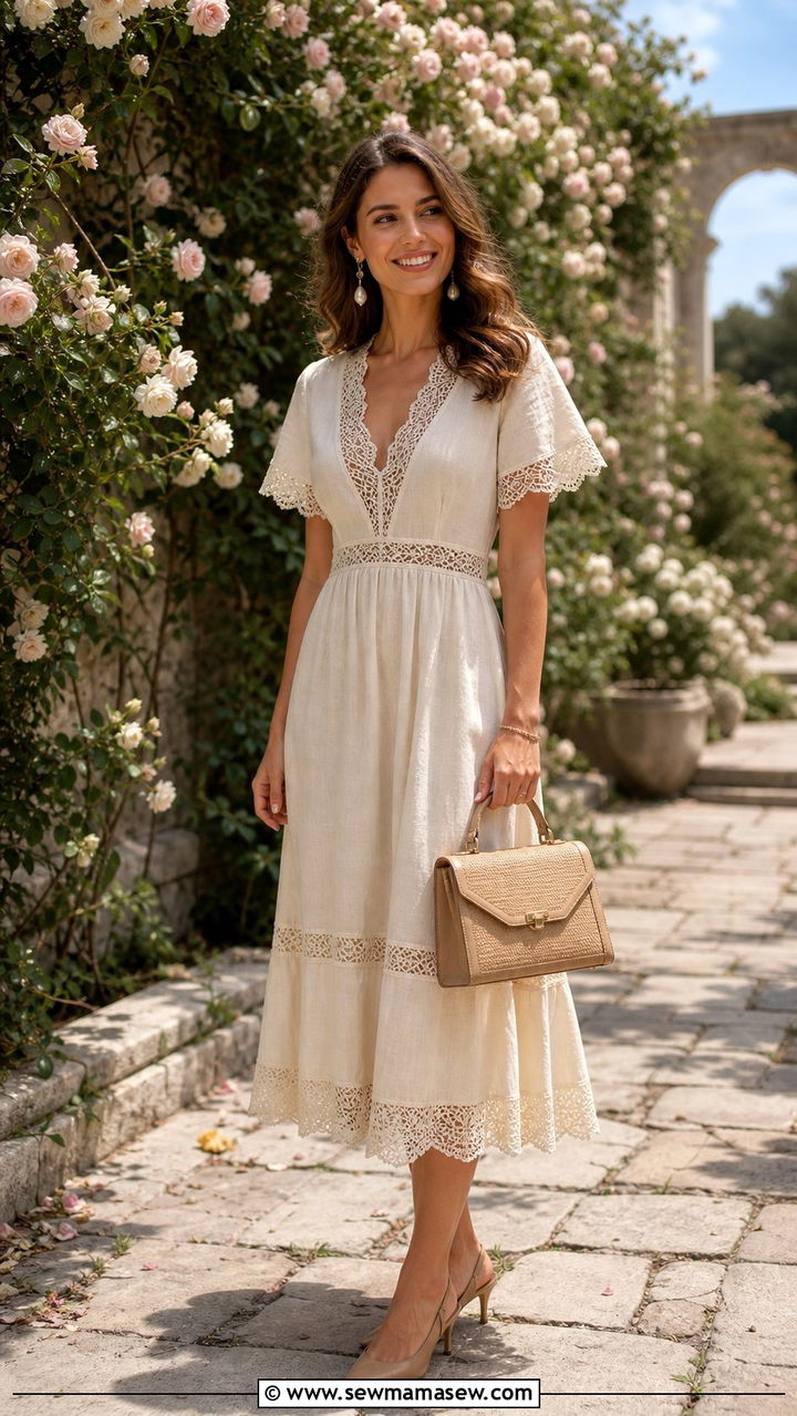 Lace and Linen Midi Dress With Pearl Accessories - 35 Boho outfit ideas for wedding guest