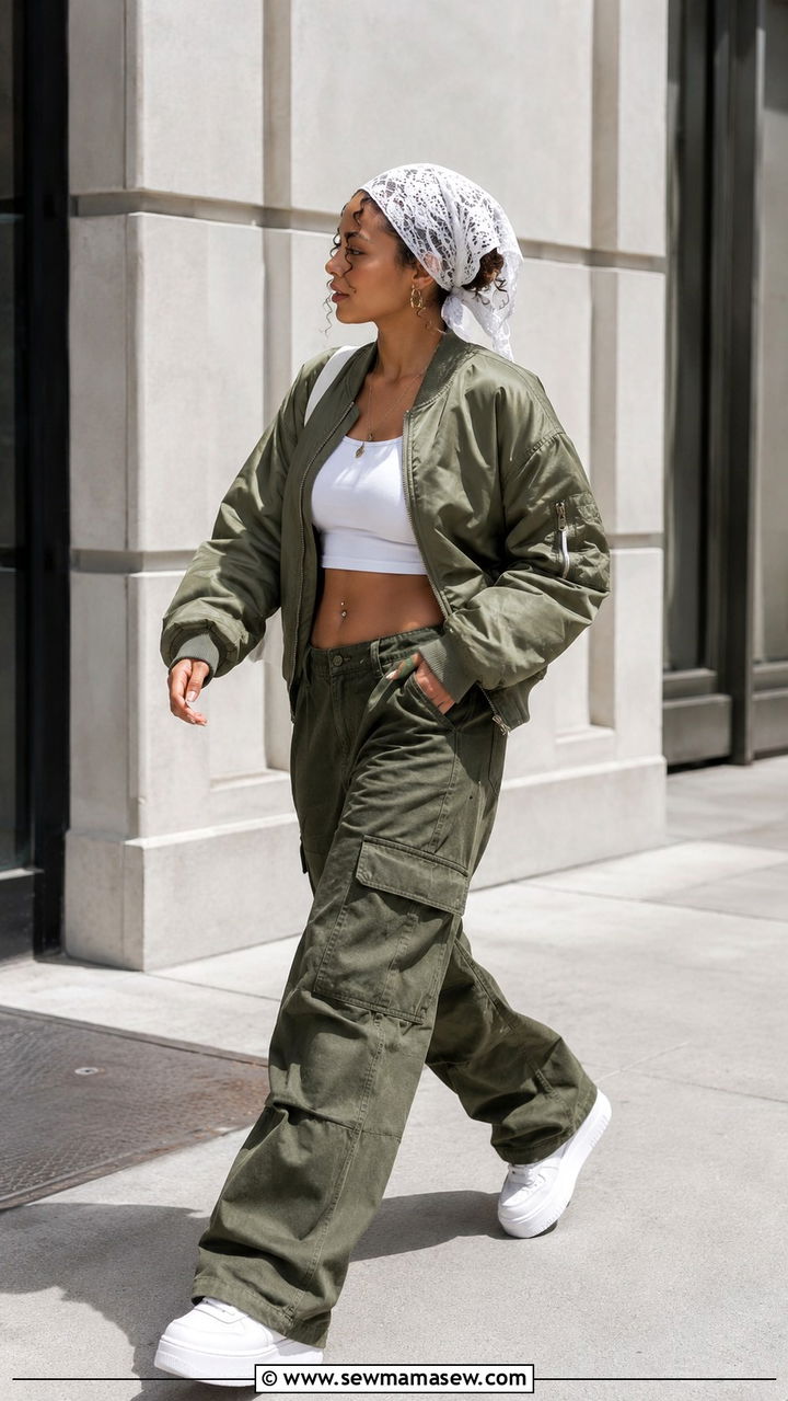 Lace bandana with cropped bomber and cargo pants - 25 Pinterest outfits 2026