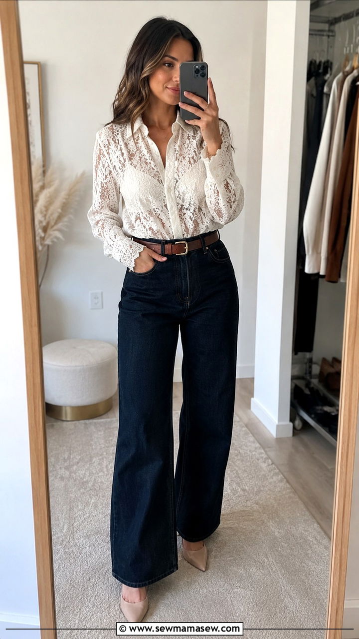 Lace blouse and dark wide leg jeans - 30 Petite office outfit ideas