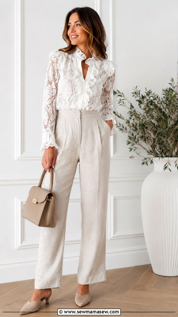 Lace blouse and linen pants - 30 spring cottagecore outfit ideas