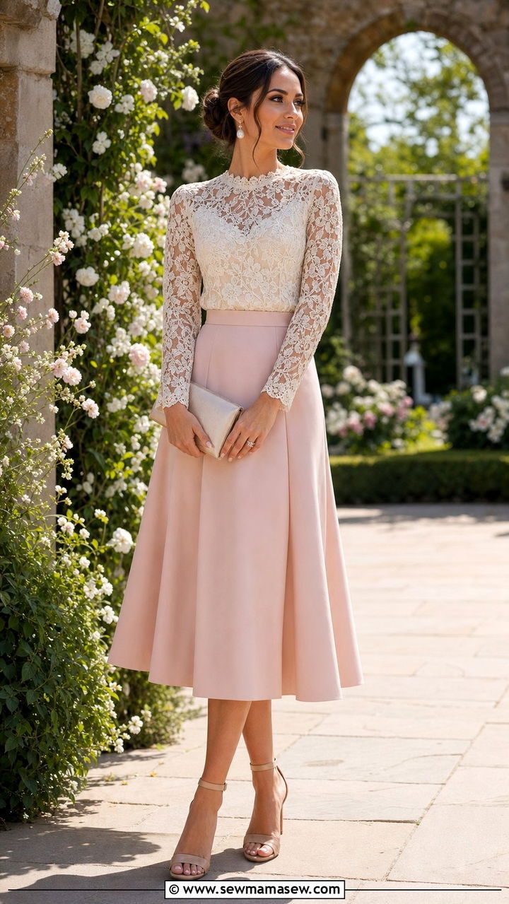 Lace blouse with structured midi skirt outfit - 25 spring outfits 2026 women Pinterest