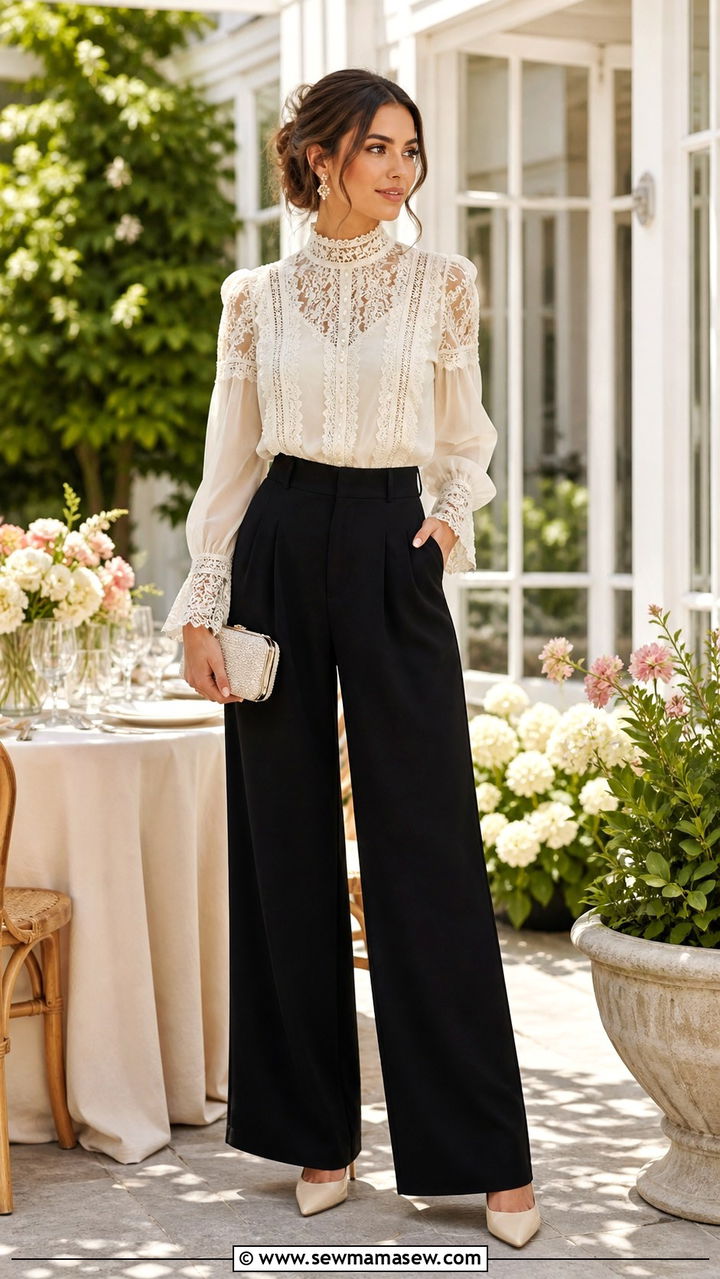 Lace blouse with wide leg trousers outfit - 40 trendy outfits ideas