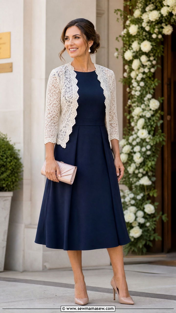 Lace cardigan and navy dress wedding guest - 25 How to style a cardigan for a wedding