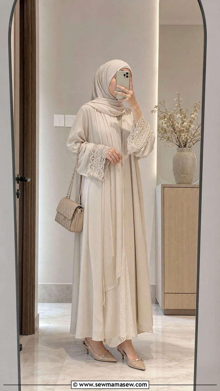 Lace detail abaya with kitten heels - 25 Eid outfit ideas with abaya