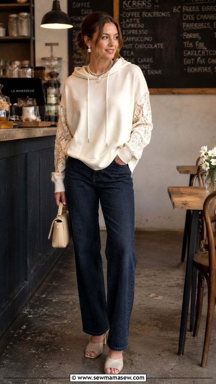 Lace detail hoodie with dark wash jeans and heeled mules - 30 Hoodie outfit ideas for women 2026