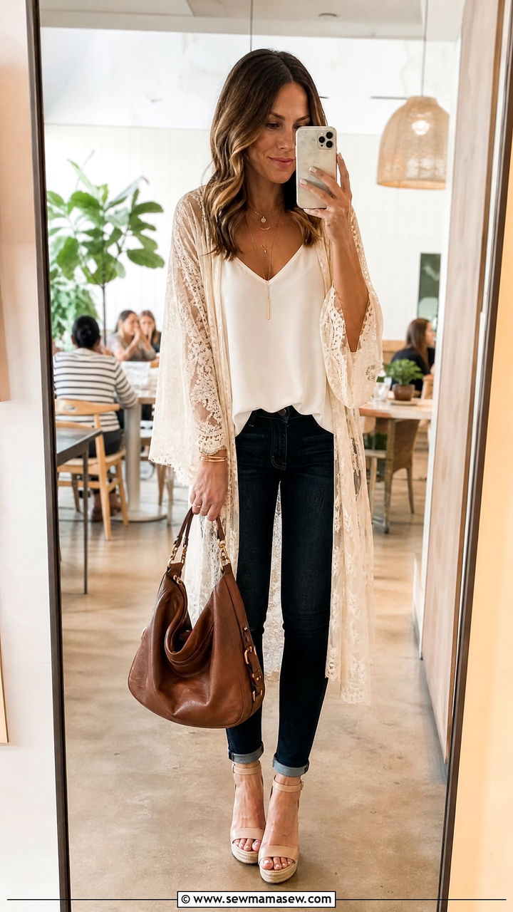 Lace kimono with cami and skinny jeans - 30 Boho outfit ideas petite