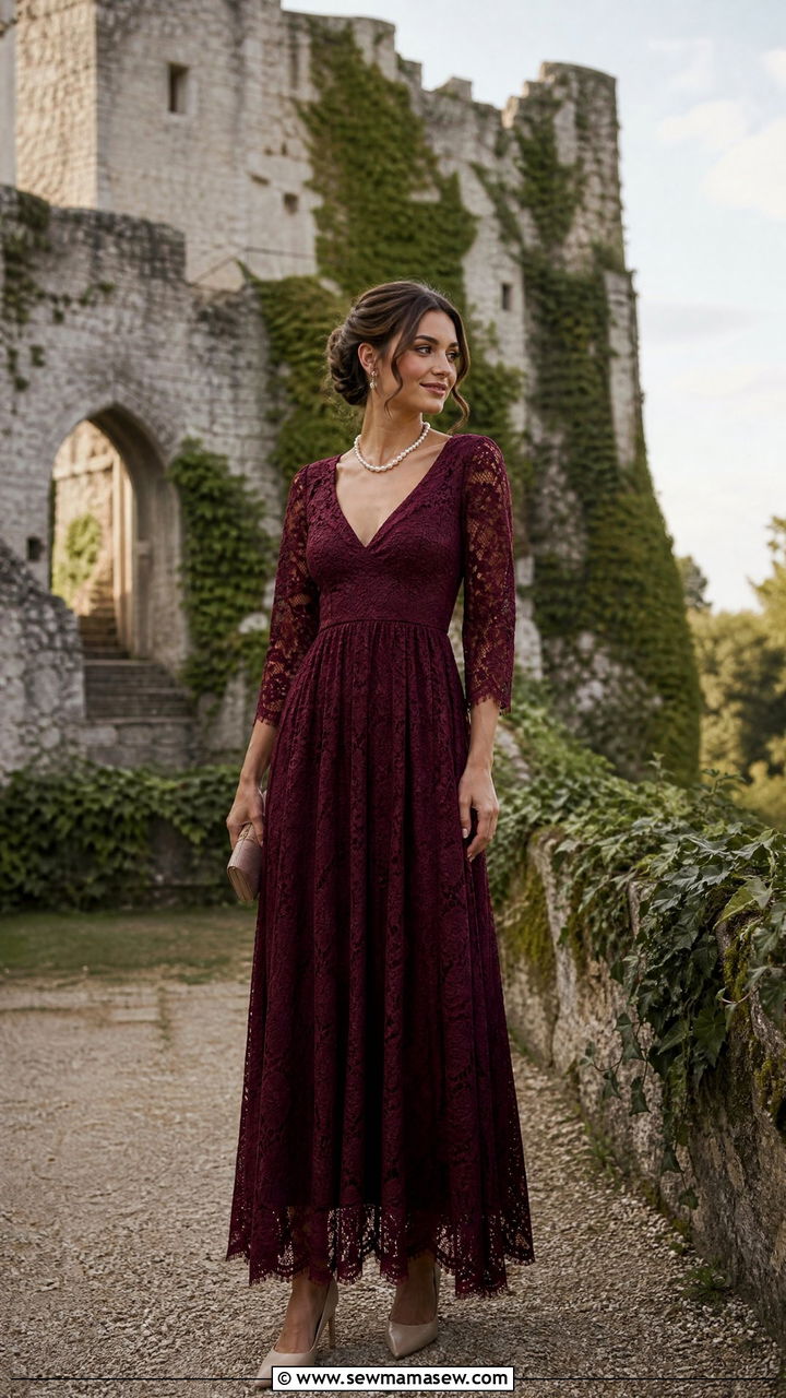 Lace maxi dress with pearl jewelry - 25 Castle wedding guest outfit ideas