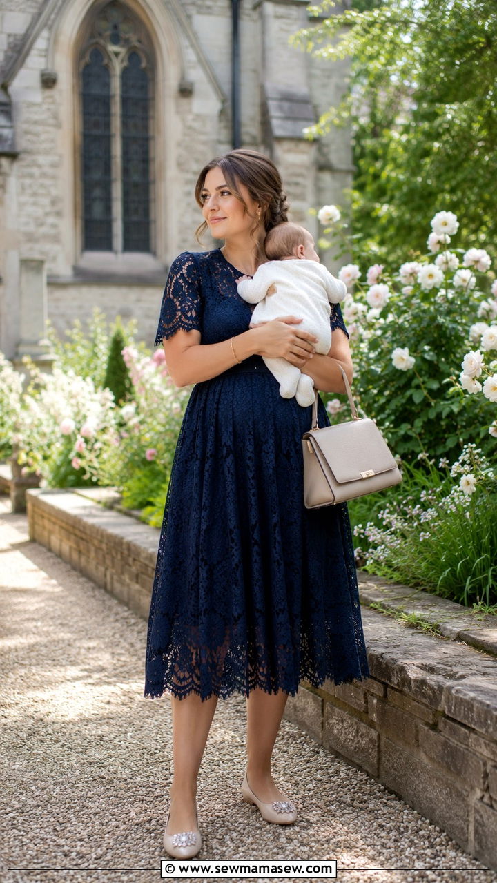 Lace midi dress with embellished ballet flats - 25 wedding guest outfits for postpartum women