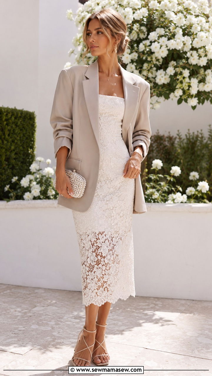 Lace midi dress with light blazer and heeled sandals - 30 Spring outfits with midi dresses