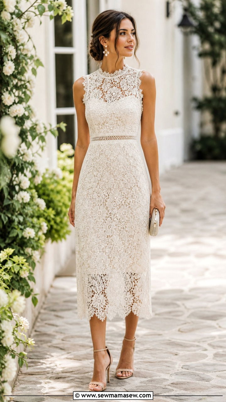 Lace midi dress with nude heels - 40 midi dress outfit ideas