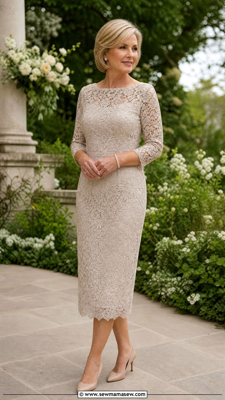 Lace midi dress with pearl accessories - 30 midi dress outfits for women over 40