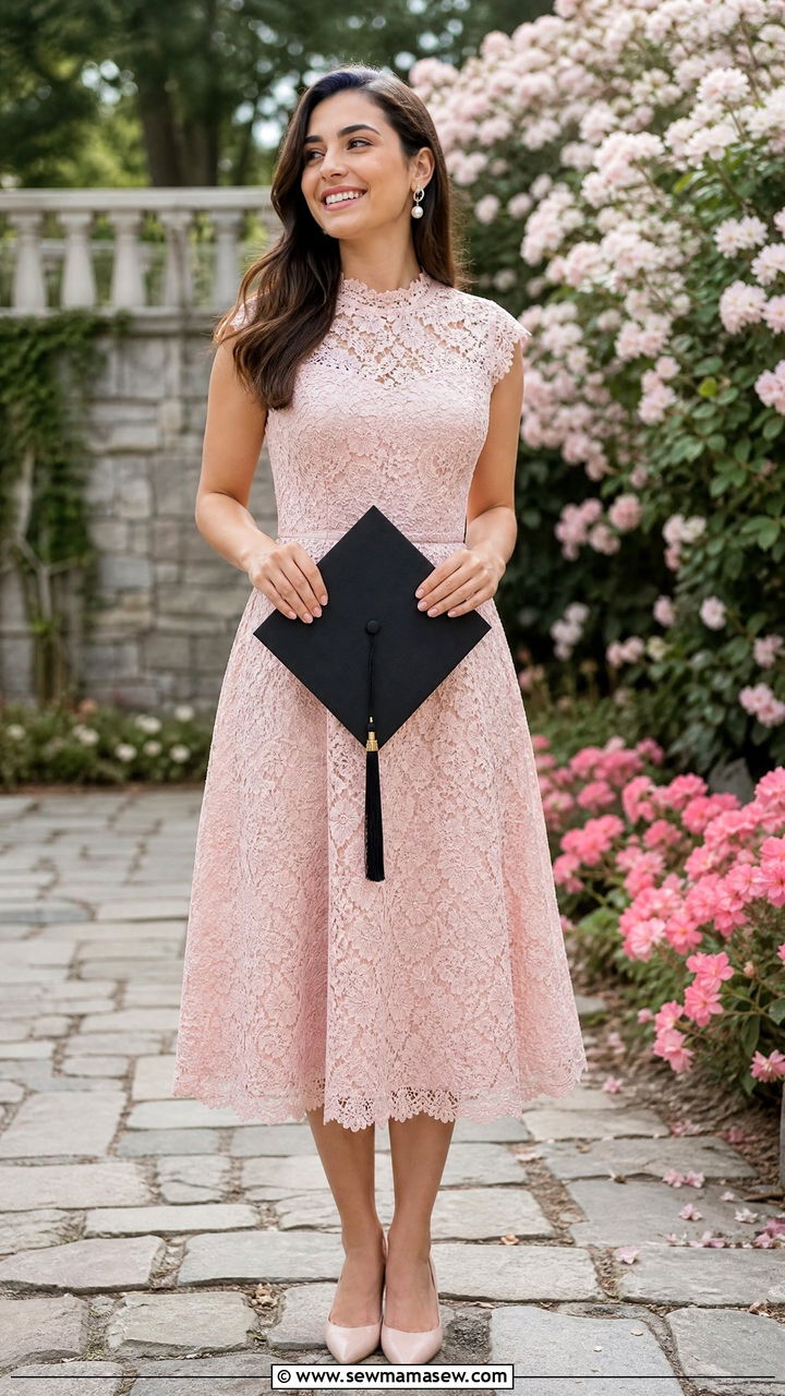 Lace midi dress with pointed toe flats - 35 graduation outfit ideas for women