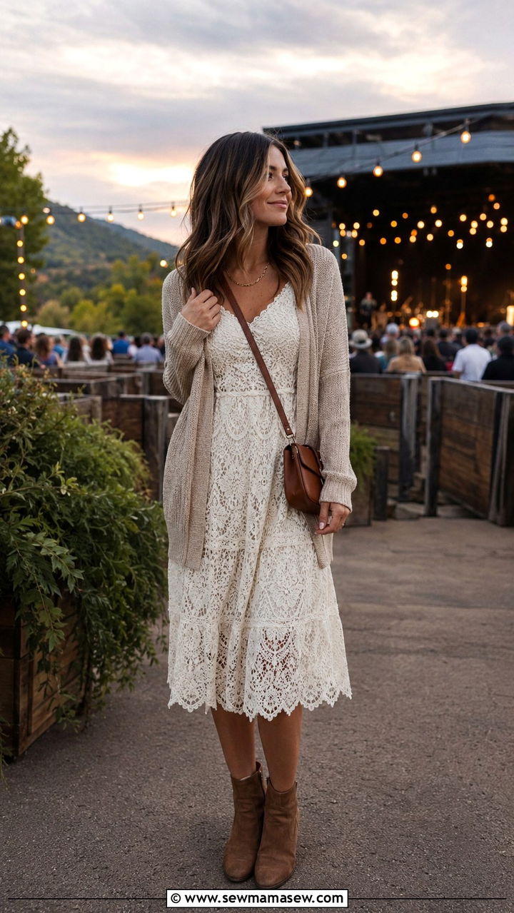 Lace midi dress with soft cardigan and ankle boots - 30 modest summer concert outfit ideas