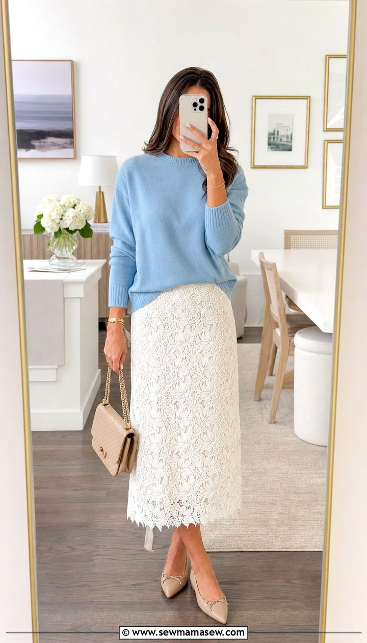 Lace midi skirt with cashmere sweater and pointed flats - 25 spring summer 2026 outfits inspo