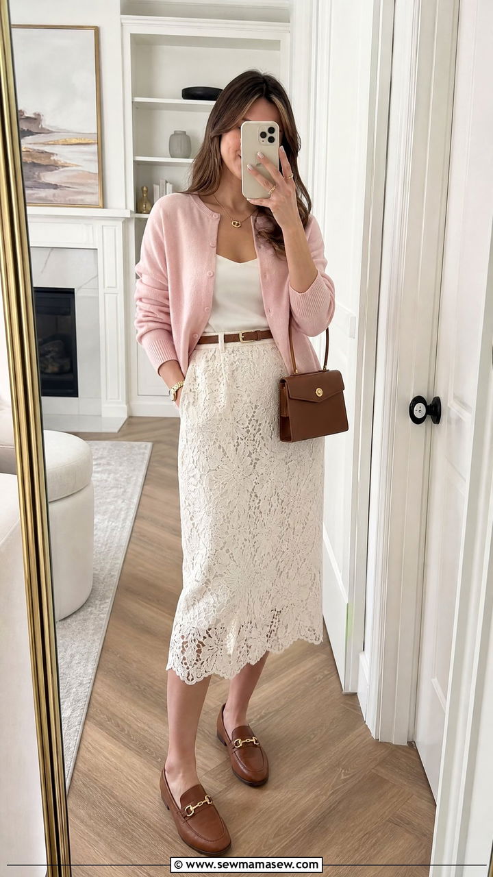 Lace midi skirt with pastel cardigan and loafers - 25 chic midi skirt outfit ideas