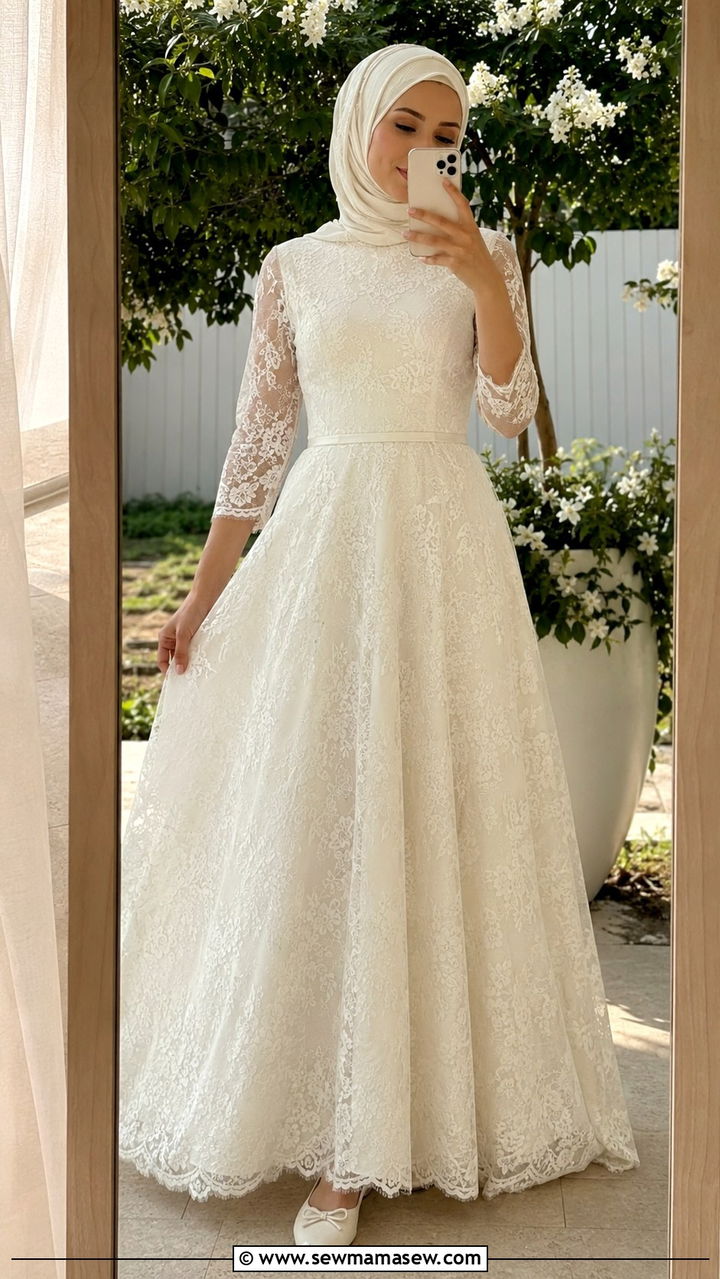 Lace overlay A line dress with three quarter sleeves - 20 Modest outfit ideas for bride