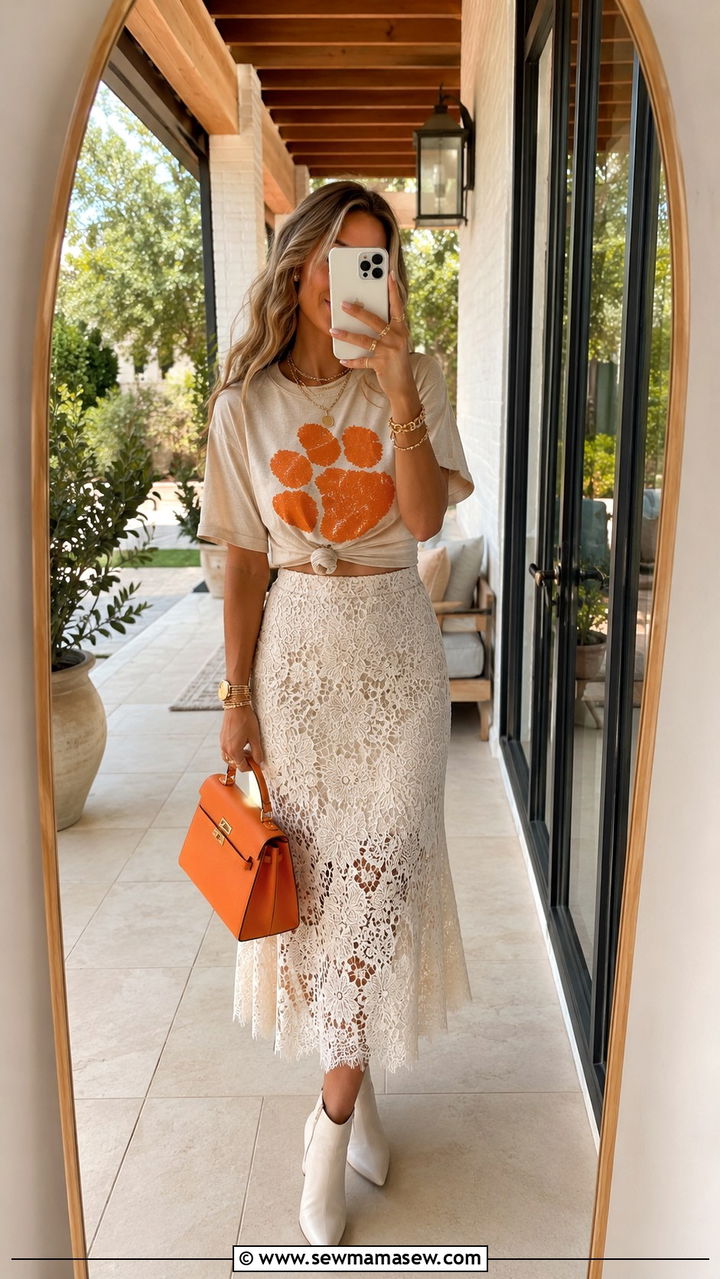 Lace skirt and vintage Clemson tee - 20 Gameday outfit ideas Clemson