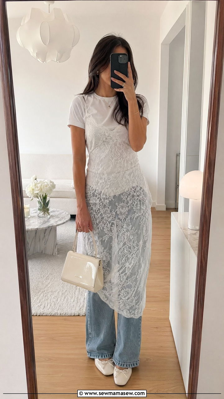 Lace slip dress over jeans outfit - 35 Copenhagen outfits