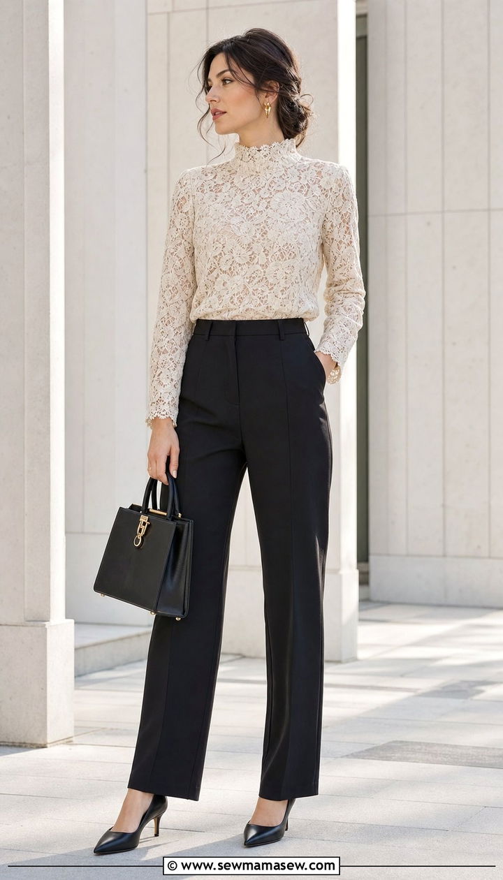 Lace top with tailored trousers outfit - 25 Copenhagen outfits to copy
