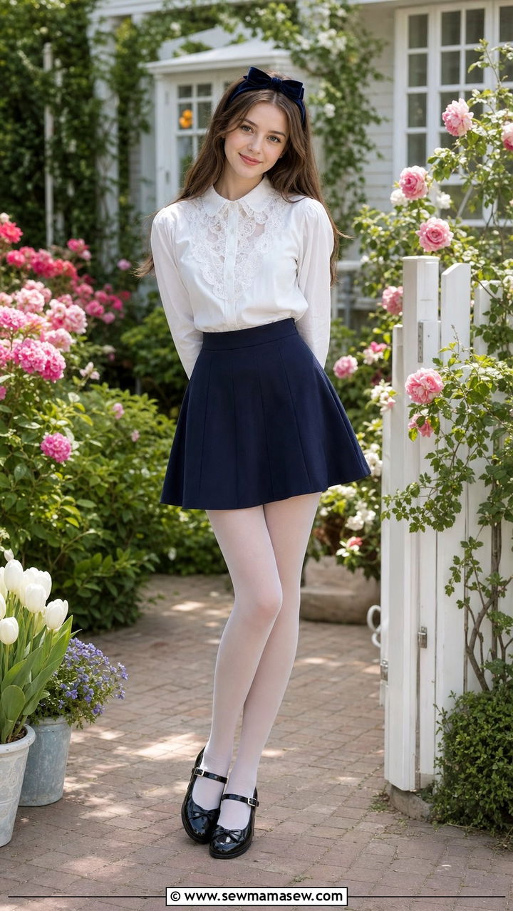 Lace trim blouse with A line skirt outfit - 35 Back to school outfit ideas 12th grade