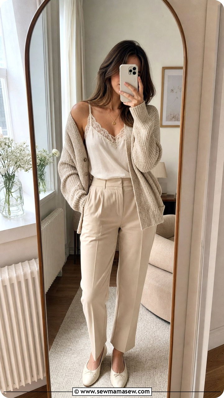 Lace trim camisole and chunky knit cardigan with beige trousers outfit - 25 spring light academia outfits